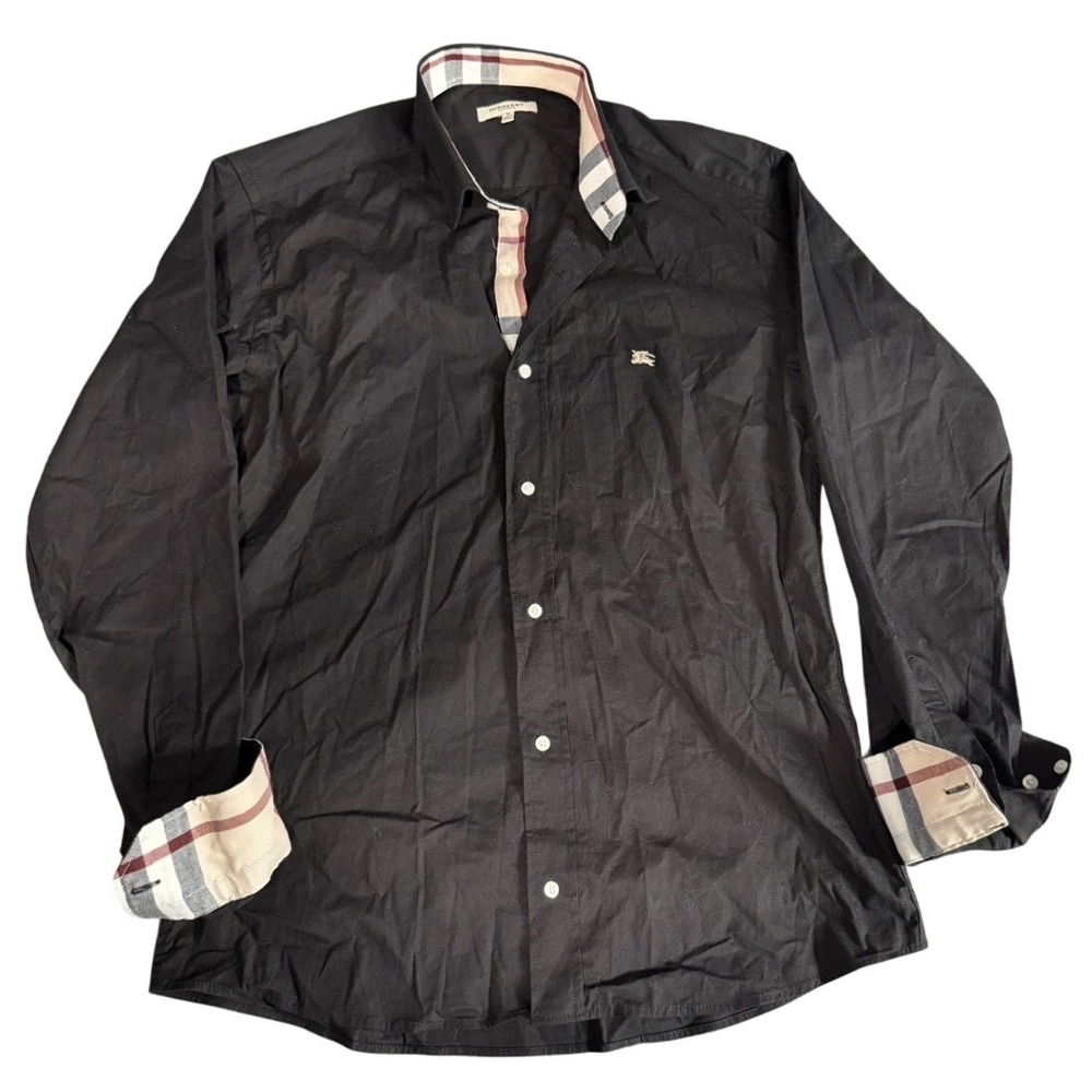 Burberry London Mens Black Nova Check Trim Button Down Shirt Sz M Great Britain